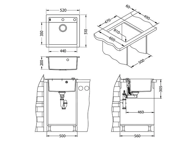 Alveus Formic - Évier En Granit 520x510 Mm, Avec Commande De Vidage, Carbone 1107890 4 Alveus Formic - Évier En Granit 520x510 Mm, Avec Commande De Vidage, Carbone 1107890 – Image 2