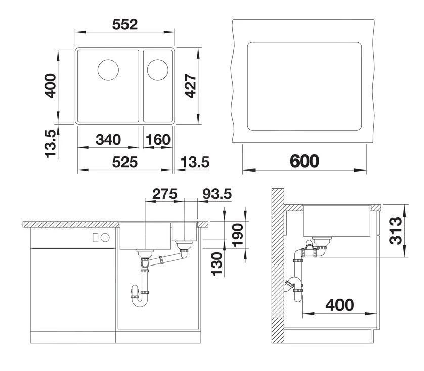 Blanco Subline 340/160 - Évier En Silgranit, 552x427 Mm, évier à Gauche, InFino, Gris 527344 4 Blanco Subline 340/160 - Évier En Silgranit, 552x427 Mm, évier à Gauche, InFino, Gris 527344 – Image 2