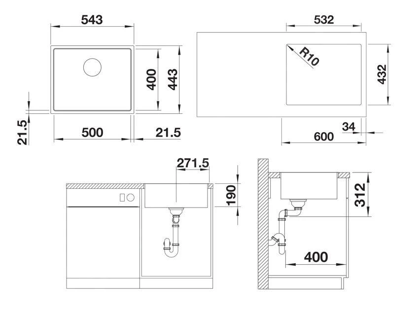 Blanco Subline 500 - Évier En Silgranit, 543x443 Mm, Avec Commande De Vidage, SteelFrame, InFino, Blanc 524109 4 Blanco Subline 500 - Évier En Silgranit, 543x443 Mm, Avec Commande De Vidage, SteelFrame, InFino, Blanc 524109 – Image 2